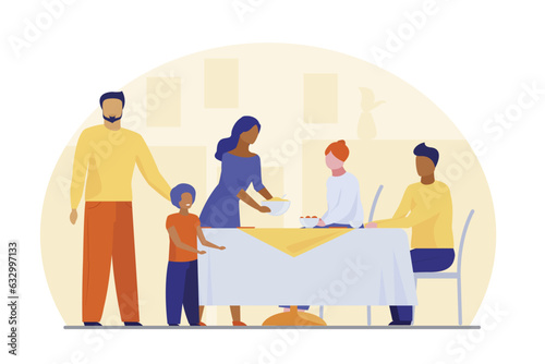 Interracial family gathering to have dinner vector illustration. Mother and child setting table while relatives talking and having fun together. Family reunion, interracial couple concept