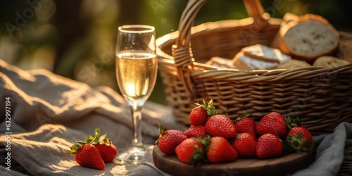 A glass of champagne with strawberries and a basket of baguette. Picnic theme.
