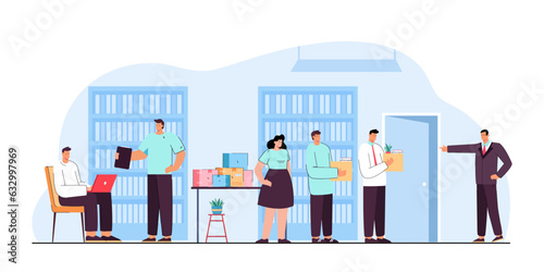 Angry employer firing workers vector illustration. Mass layoffs in company, employees packing things to leave while others working hard. Job automation, job losses and cuts concept
