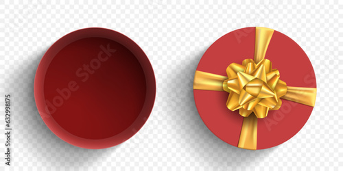 Template round open gift box with golden bow and ribbon. Vector mockup isolated on transparent background.