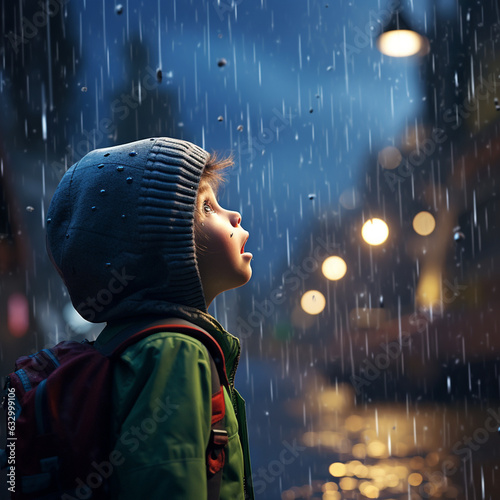 A child looking at the rain with a surprised expression, in 3D style.