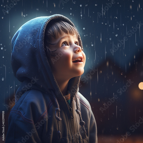 A child looking at the rain with a surprised expression, in 3D style.