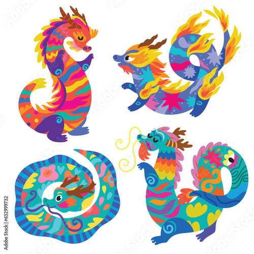 Set with four cute bright abstract Dragon characters 