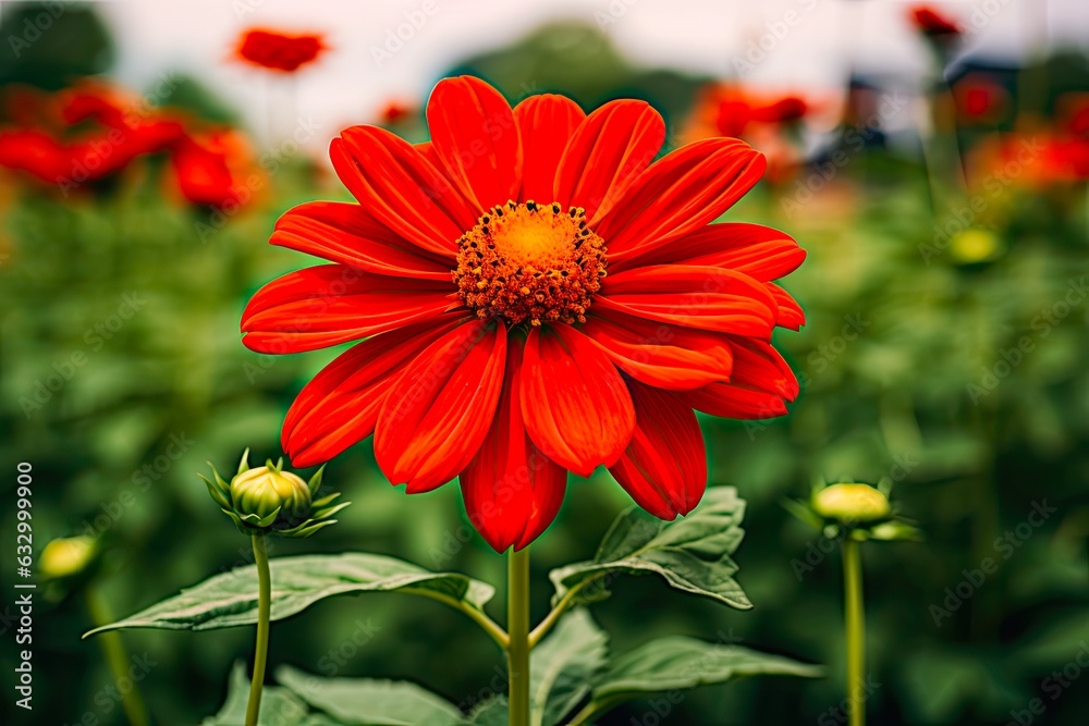 Beautiful Red Mexican Sunflower Blossom in Nature. Selective Focus Shot of Stunning Floral Garden: Generative AI Beautiful Red Mexican Sunflower Blossom in Nature. Selective Focus Shot of Stunning Floral Garden: Generative AI