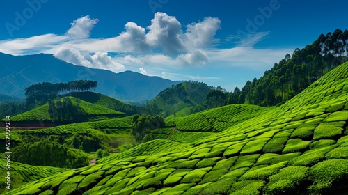 Buffer Zone Sign amidst Lush Green Tea Plantations of Munnar, India - Picturesque Landscape of Kerala's Iconic Indian Tea Plantation: Generative AI photo