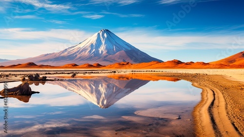 Catarpe and Licancabur Volcano - A Stunning View of Atacama Desert National Reserve, Chile with Reflective Rocks and Wide Expanse. Generative AI photo