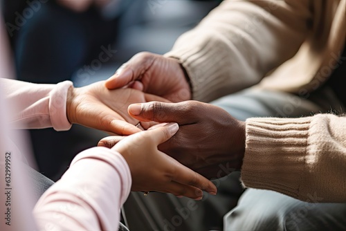 Close-Up on Discussion  Human Hands in Group Therapy Talking About Mental Health  Support  and Life Events  Generative AI