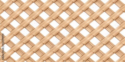 Seamless wood diamond lattice or trellis background texture isolated on white. Tileable light brown redwood, pine or oak woven diagonal crosshatch fence planks pattern. 3D, Generative AI