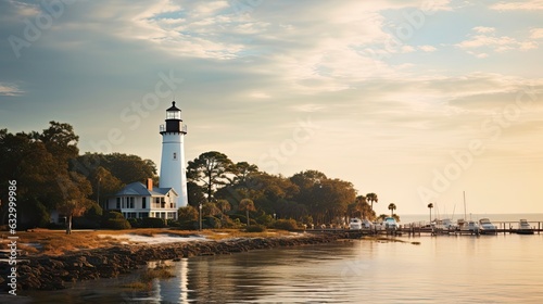Early Morning at St. Simons Island Lighthouse - Coastal Tower and White Beacon on the Ocean's Edge (16:9): Generative AI photo