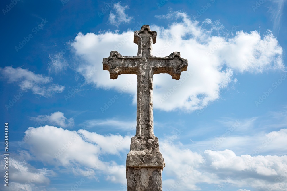Stone Cross on Dramatic Blue Sky Background with Clouds. Old Gothic Christian Monument with Moss and Lichen. Detail of Sunlit Ancient Crucifix: Generative AI