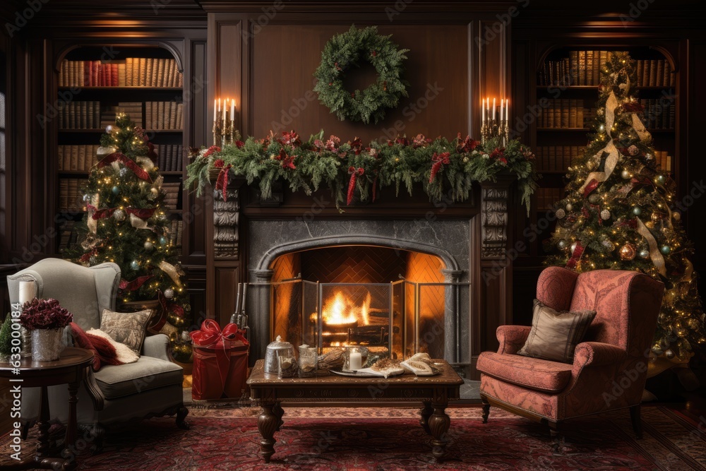 Craft holiday magic Christmas tree, fireplace, presents and heartwarming scene Craft holiday magic Christmas tree, fireplace, presents and heartwarming scene
