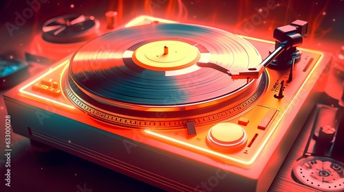 Digital illustration of a retro 70s turntable with vinyl record emitting a warm aura