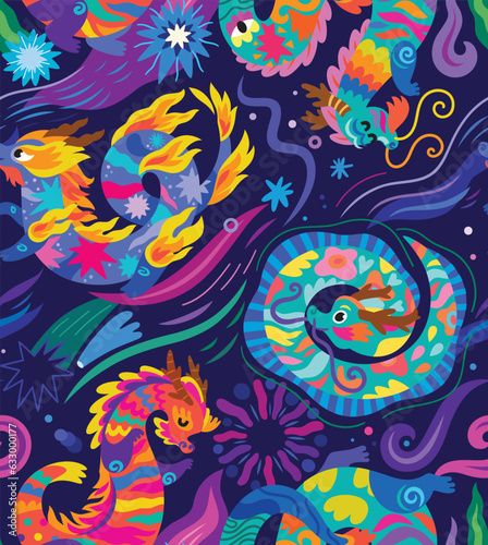Seamless pattern with cute bright abstract Dragons among the stars and fireworks © penguin_house