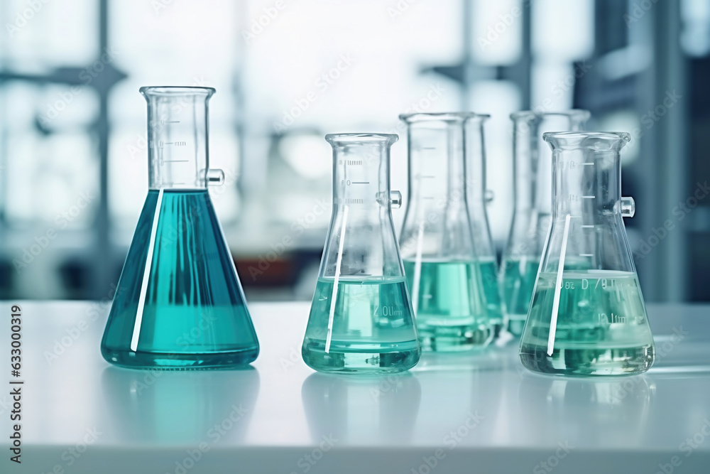 Lab Testing Flask Foto de Glass flasks for liquid samples of reagents. Laboratory ...