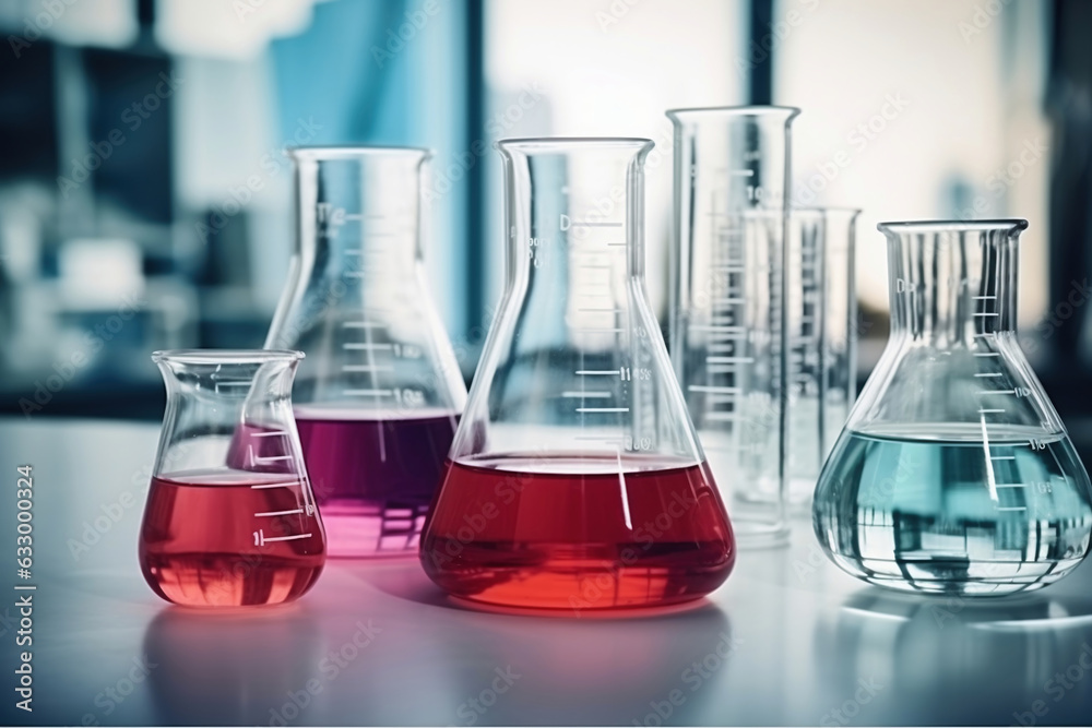 Glass flasks for liquid samples of reagents. Laboratory equipment for dispensing liquid samples. Chemical liquids analysis and testing.