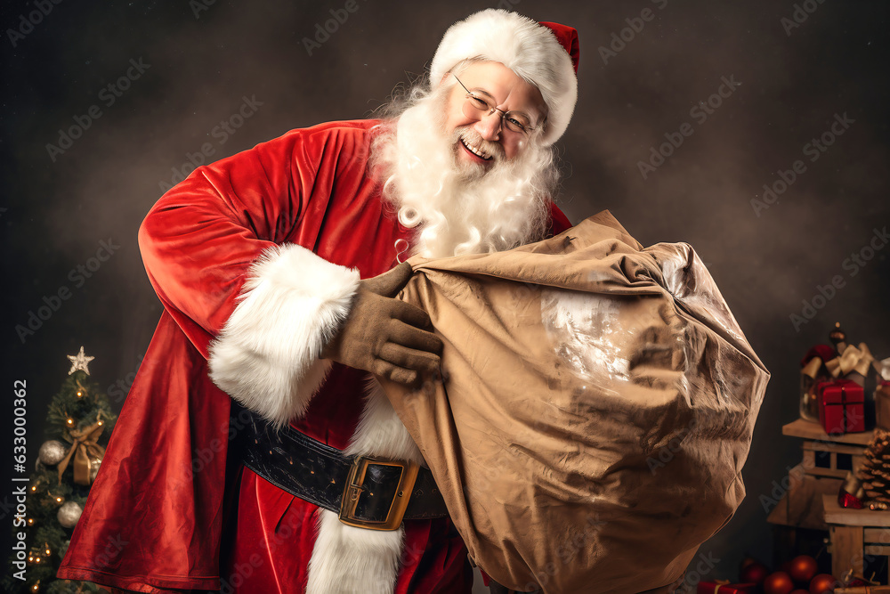 Happy Santa Claus with a big bag of gifts for children. Merry Christmas. New Year's Eve concept. Bright image of Santa for advertising and design. Happy Santa Claus with a big bag of gifts for children. Merry Christmas. New Year's Eve concept. Bright image of Santa for advertising and design.