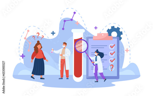 Pregnant woman having blood test vector illustration. Doctors examining blood sample under magnifier, detecting fetal abnormalities in early pregnancy. Medicine, health care concept