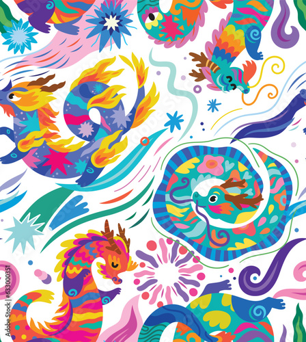 Fototapeta Naklejka Na Ścianę i Meble -  Seamless pattern with cute bright abstract Dragons among the stars and fireworks