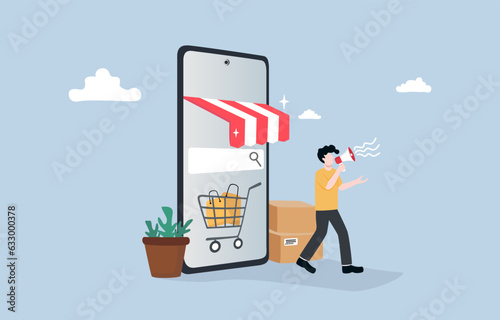 Opening online shop, selling product through e-commerce platform concept, Male merchant holding megaphone to make announcement near online store on mobile phone. 