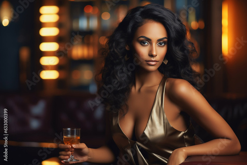 Beautiful young woman sitting at a bar with a glass of whiskey in a luxurious interior. Blurred background. A woman is relaxing in a bar with a glass.