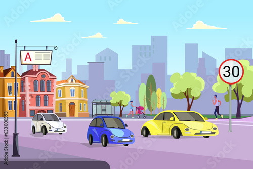 Cars obeying speed limit in city vector illustration. Road sign warning drivers to move slow to reduce level of accidents, protect pedestrians and fight air pollution. Transportation, safety concept © PCH.Vector