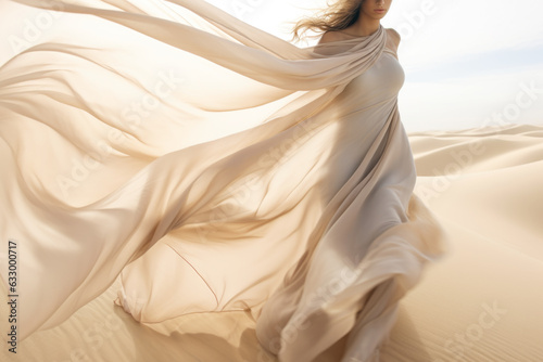 Woman in a long white dress walking in the desert with flowing fabric in the wind
