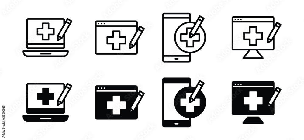 Online registration for hospital icons. Register via online, Device ...