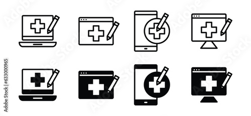 Online registration for hospital icons. Register via online, Device, red cross, pencil symbol in line and flat style on white background. Vector illustration