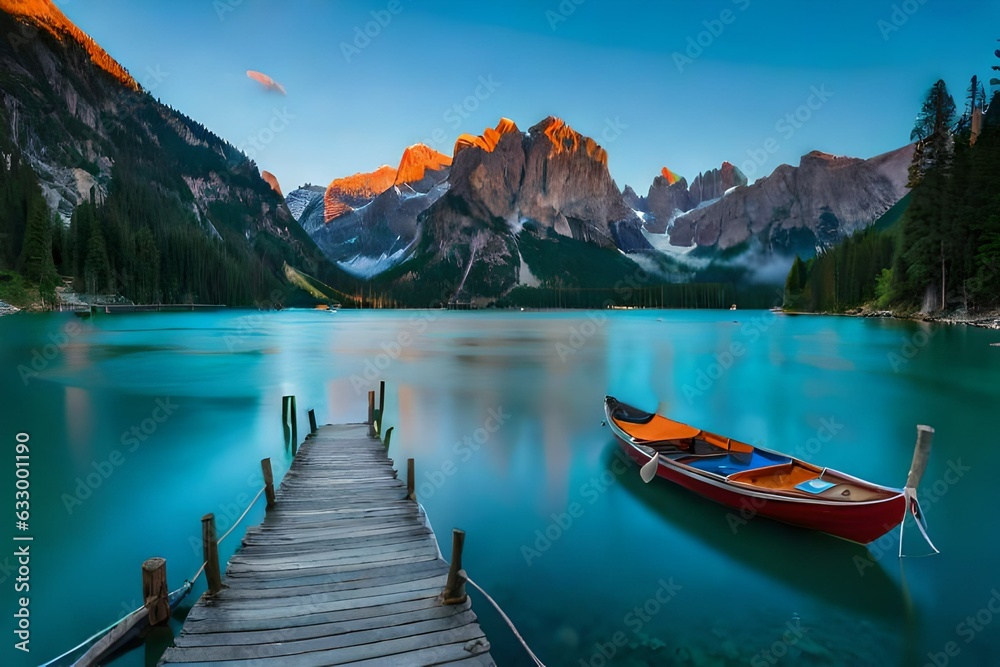 lake in the mountains with boat generated by AI tool