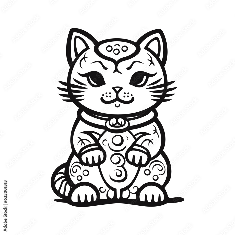 Vector illustration isolated on white kawaii asian cat. Neko with one hand up. Lucky cat Maneki Neko Outline Icon coloring book black line