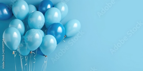 blue balloons on a blue background, with place for text. The banner is blue. Generative AI