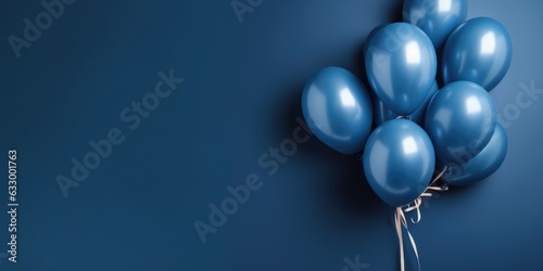 Dark blue balloons on a blue background, with space for text. The banner is dark blue. Generative AI