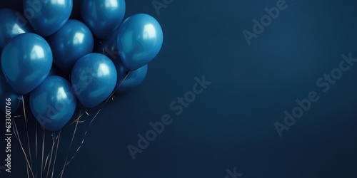 Festive dark blue balloons background banner holiday theme. Illustration image of blue balls on a blue background presentation template, with space for text. 