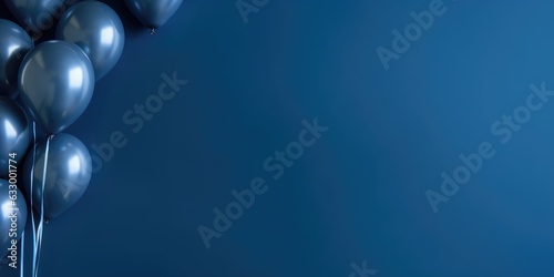 Dark blue balloons on a blue background, with space for text. The banner is dark blue. Generative AI