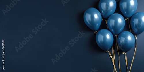 Lots of dark blue balloons with gold ribbon on a blue background with space for text. Festive dark blue banner.