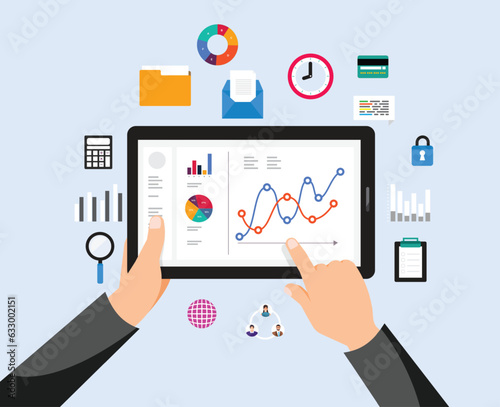 businessman analysis digital data, time management, Flat design concept.