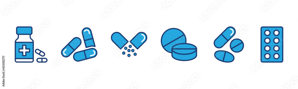 Pills line and flat icons set. Medicine, drug, pharmacy, drugstore, pharmacist icons symbol. Medical care vector illustration Pills line and flat icons set. Medicine, drug, pharmacy, drugstore, pharmacist icons symbol. Medical care vector illustration