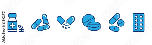 Pills line and flat icons set. Medicine, drug, pharmacy, drugstore, pharmacist icons symbol. Medical care vector illustration