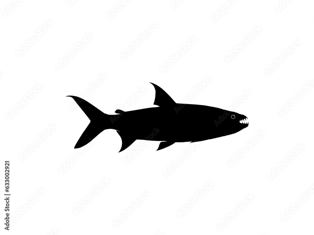 Silhouette of the Hydrocynus goliath, also known as the goliath tigerfish, giant tigerfish, or mbenga, is a very large African predatory freshwater fish of the family Alestidae. Vector Illustration Silhouette of the Hydrocynus goliath, also known as the goliath tigerfish, giant tigerfish, or mbenga, is a very large African predatory freshwater fish of the family Alestidae. Vector Illustration
