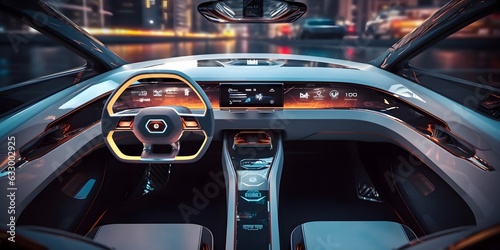 Futuristic autonomous vehicle cockpit. Interior of unmanned car cockpit with digital screens. Created with Generative AI