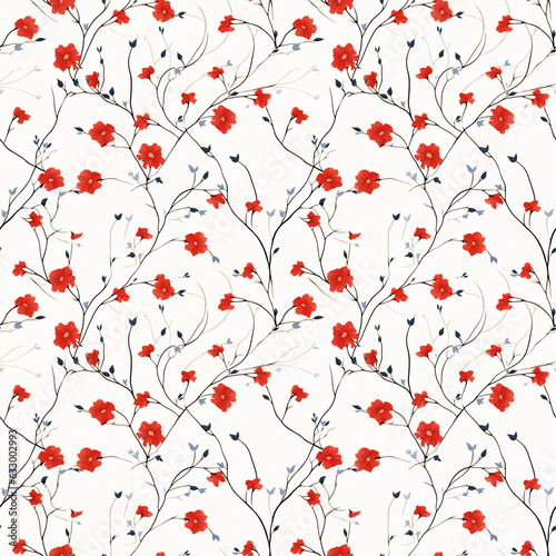seamless Pattern red flowers and vines on white background minimal Design