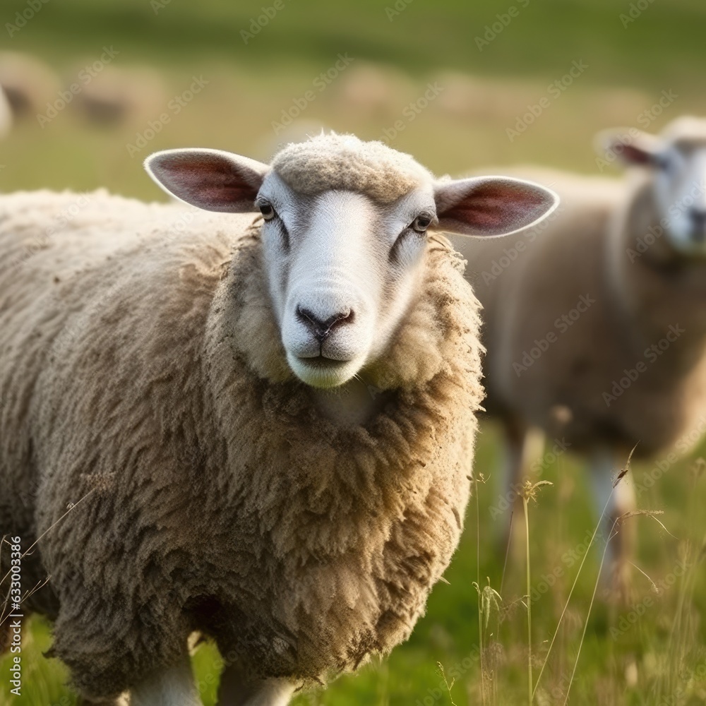 Cute happy lamb on the field, sheep. Generative AI