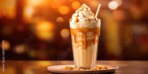Milkshake in a glass with peanuts, whipped cream and caramel sauce, on an orange background. Milk caramel cocktail.  photo