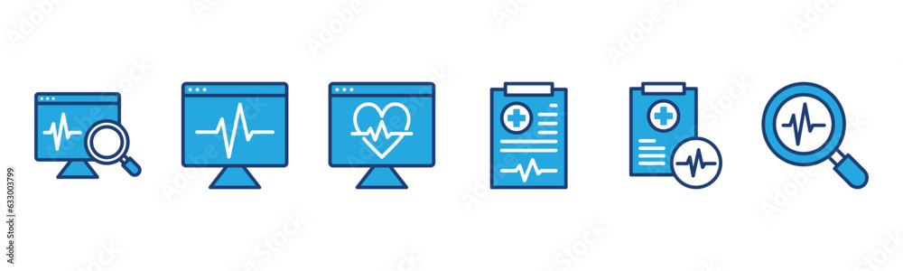 Health diagnosis icons set. Health diagnostics icon. Monitoring, analysis, heartbeat, heart rate, data medical records icon symbol. Medicals care vector illustration Health diagnosis icons set. Health diagnostics icon. Monitoring, analysis, heartbeat, heart rate, data medical records icon symbol. Medicals care vector illustration