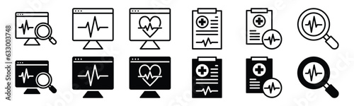 Health diagnosis icons set. Health diagnostics icon. Monitoring, analysis, heartbeat, heart rate, data medical records icon symbol in line and flat style. Medicals care vector illustration photo