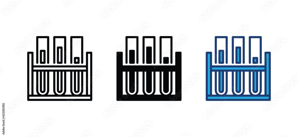 Laboratory test tube icons set. Lab flask rack icon symbol in line and flat style. Science lab icon. Chemistry, medicals, chemical. Medicals care vector illustration