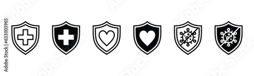 Health shield protection icons set. Antibacterial protection, immune defense system iconn symbol in line and flat style. Red cross, plus, heart, virus, shield. Medicals care vector illustration
