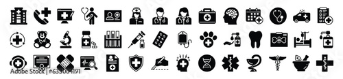medical care flat icons set. Medicine and Health care icon symbols collection. Red cross, hospital, heartbeat, caduceus, pharmacy, doctor, ambulance, dentist, lab and other. Vector illustration