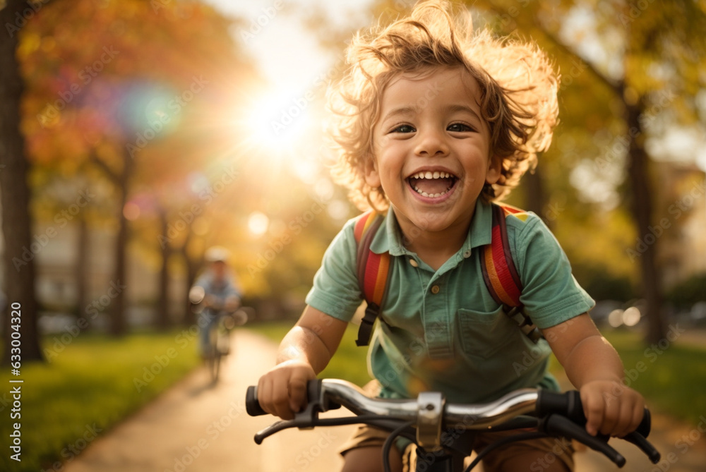 happy joyful child riding a bicycle in the park on nature.
 - obrazy, fototapety, plakaty 