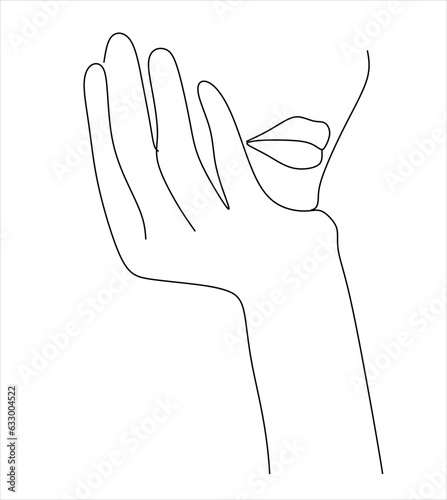 Minimal line art woman with hand on face. Black Lines Drawing. - Vector illustration